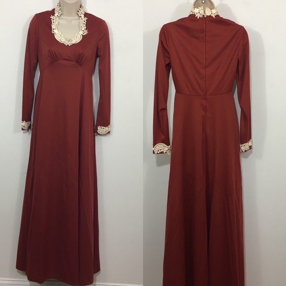 Vintage Dresses & Skirts - Vintage scoop neck lace trim maxi dress red size 6